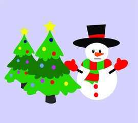 snowman amidst christmas pine trees