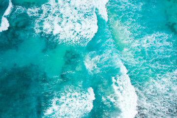Blue ocean texture with waves and foam. La Digue Island, Seychelles