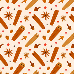 Various spices pattern, cinnamon rolls, anise star and clove seasoning, hand drawn doodle illustration, seamless vector background with cooking ingredients, good as wrapping paper design