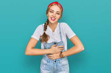 Young caucasian girl wearing casual clothes smiling and laughing hard out loud because funny crazy...