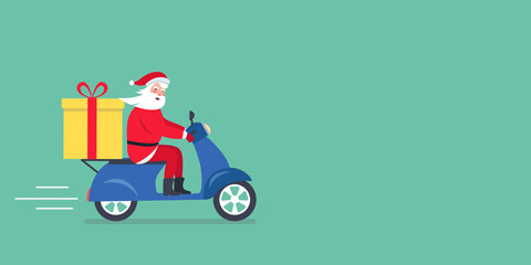 Online fast Christmas gift delivery by motor scooter. Santa Claus riding a scooter with a delivery gift box. Vector illustration