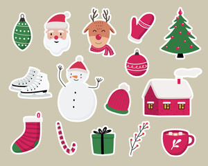 Christmas and New Year cute symbols stickers set. Santa Claus, reindeer, candy, gift, glove, house, decoration ball, Christmas tree, snowman, hot chocolate, stocking etc. Vector illustration