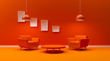 nterior decoration room with color orange wall and armchair