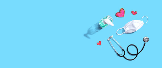 Covid-19 theme with hand drawing hearts - flat lay