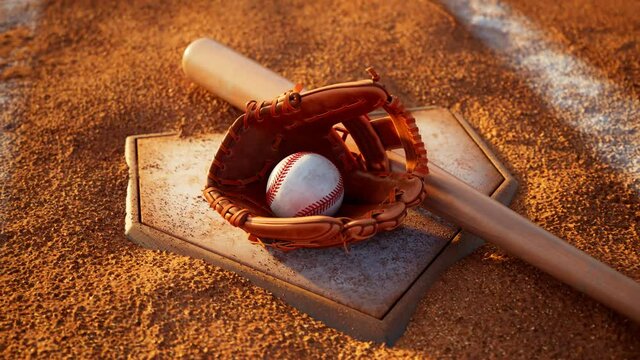 Homeplate with a ball, mitt and bat. Home base with baseball accessories.