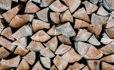 Close-up texture of pine logs prepared and folded neatly