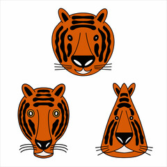 Set of tiger head in graphics style on white background. Vector illustration for print, poster, clothes.