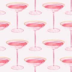 Seamless pattern with Glasses with rose wine. Glamorous trendy pink Champagnel painted in Watercolor. Watercolor hand drawn illustration.