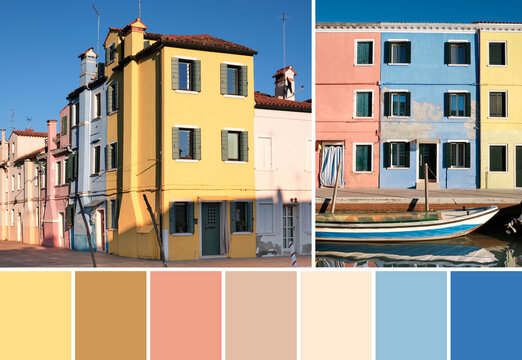Color matching palette from iage of colorful traditional houses in the Burano. Burano Island in the Venetian Lagoon, Northern Italy. Blue, cream, pink and yellow colors.