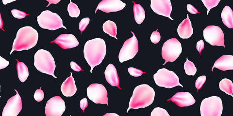 Naklejka na ściany i meble Seamless pink sakura petals. Falling realistic cherry petals Isolated on black. Japanese funky flowers wallpaper. Perfect for wedding border, Valentines day, mother's day. Vector romantic illustration