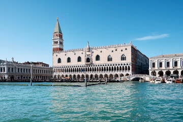 Doge's palace and St Mark's Campanile on Piazza di San Marco, Venice, Italy with reflection. View...