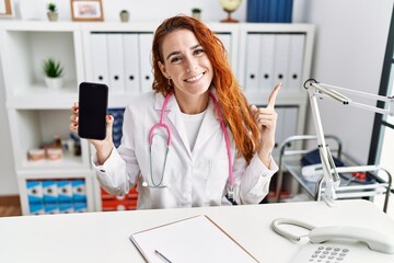 Young redhead doctor woman holding smartphone showing blank screen smiling with an idea or question pointing finger with happy face, number one