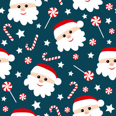 Christmas seamless pattern with Santa Claus and candies. Vector illustration. It can be used for wallpapers, wrapping, cards, patterns for clothes and other.