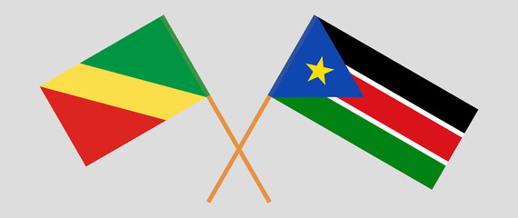 Crossed flags of Republic of the Congo and South Sudan. Official colors. Correct proportion