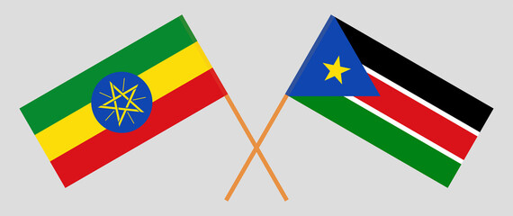 Crossed flags of Ethiopia and South Sudan. Official colors. Correct proportion