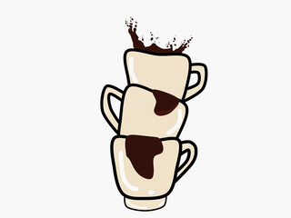 Coffee cup stack with water coffee spill and  spread on white background