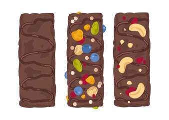 A set of chocolate granola energy bars. Funny muesli isolate.