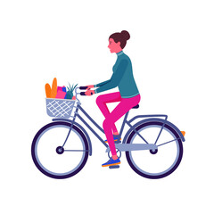 Young girl on bicycle. Woman cycling, fitness sport exercises. Flat cartoon vector illustration. Isolated vector design.
