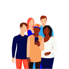 A group of young people taking a selfie.African American black woman. Vector design isolated in white background