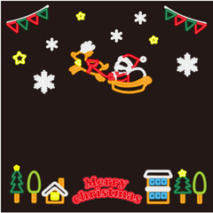 コピースペースありのきらきら光るネオン管風の線画でかいた夜空を飛ぶサンタクロースクリスマスイラストセット