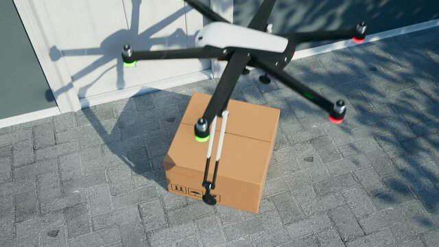 Hexacopter drone delivering packages with protective masks directly to a client.