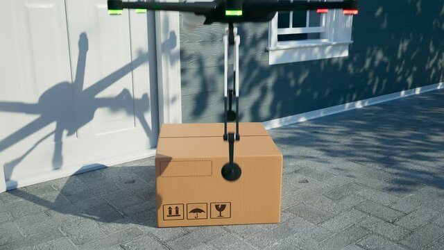 Hexacopter drone delivering packages with protective masks directly to a client.