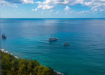 beautiful seascape with extraordinary natural colors of the sea, mountains and clouds in Alanya, Turkey