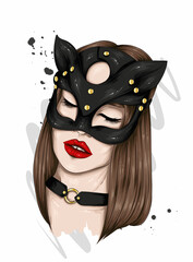 Beautiful girl in a stylish leather mask. Fashion and style, clothing and accessories.