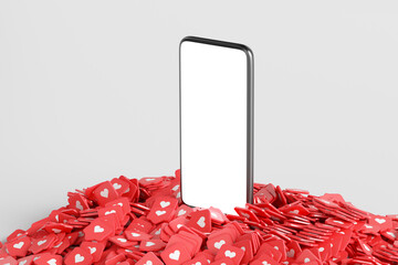 Smartphone near heap of like icons on a white background. 3d rendering - obrazy, fototapety, plakaty