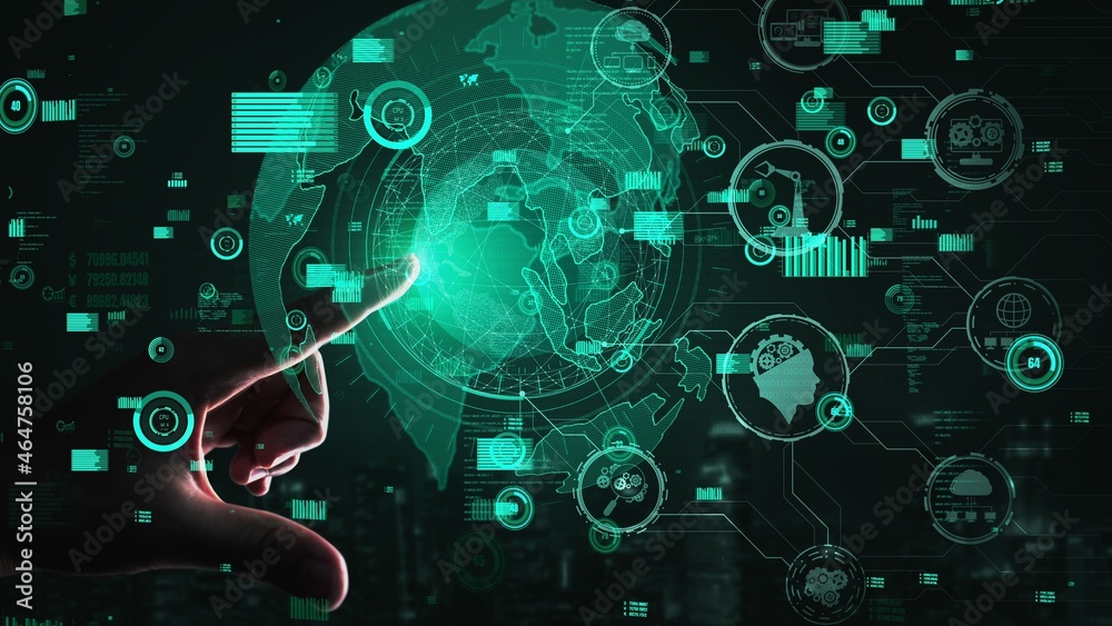 Poster futuristic industry 4.0 conceptual - engineering with graphic interface showing automation design, r