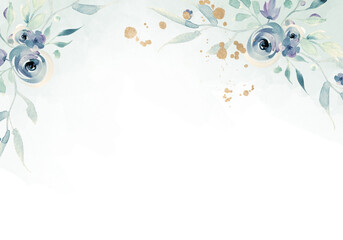 Pale blue and green leaves - botanical design banner. Floral pastel watercolor border frame