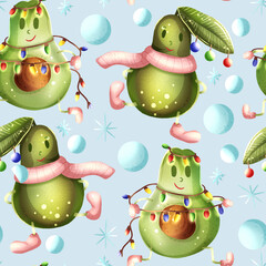 seamless new year pattern of avocado, on a blue background, with garlands