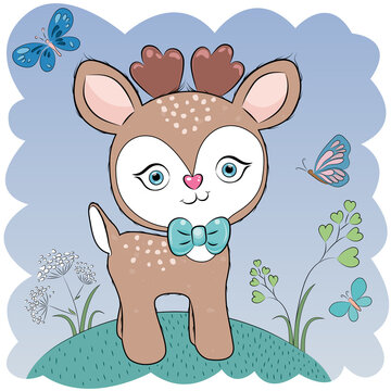 Cute cartoon deer with a bow on a blue background
