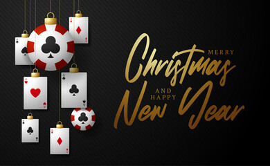 poker Christmas card. Merry Christmas sport greeting card. Hang on a thread poker chip as a xmas ball and golden bauble on black background. Sport Vector illustration.