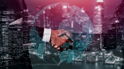 Conceptual business handshake with dashboard for financial data analysis . 3D render computer...