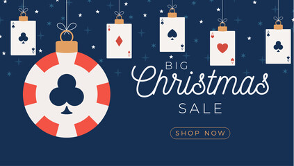 Christmas poker sale card. Merry Christmas sport greeting card. Hang on a thread casino chip as a xmas ball and bauble on horizontal background. Sport Vector illustration.