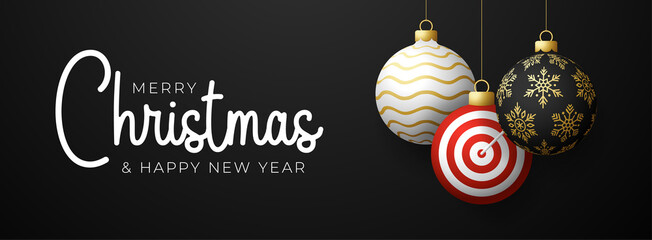 Target Dash Christmas card. Merry Christmas sport greeting card. Hang on a thread Target Dash as a xmas ball and golden bauble on black background. Sport Vector illustration.
