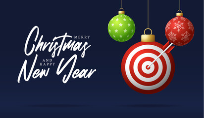 Target Dash Christmas card. Merry Christmas sport greeting card. Hang on a thread Target Dash as a xmas ball and golden bauble on black background. Sport Vector illustration.