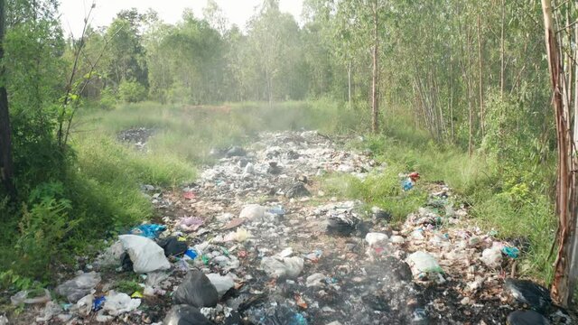 B roll of garbage dump in forest. Environment crisis. Garbage and fire burn. environmental damage and global warming. Toxic and Air pollution. Garbage dump in the middle of forest. Climate change.
