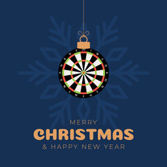 dart Christmas card. Merry Christmas sport greeting card. Hang on a thread dartboard as a xmas ball and golden bauble on black background. Sport Vector illustration.