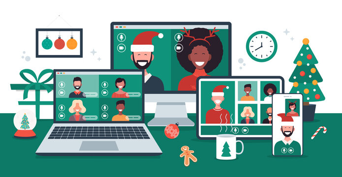 Christmas online greeting. people meeting online together with family friends video calling on laptop, computer, tablet and phone virtual discussion. Merry and Safe Christmas flat vector illustration