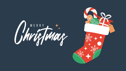 Christmas socks with gifts greeting card. Christmas sock with gift winter holidays greeting card. Festive xmas stocking full of present box with ribbon bow, candy cane and holly berry with bell.