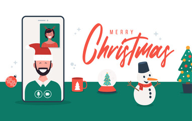 Online Christmas celebration illustration on phone. Merry Christmas party new normal concept with conference. A group of people in winter suits meet online via video conference.