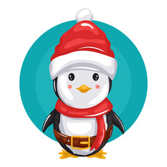 smiling little penguin with christmas hat on paint stain