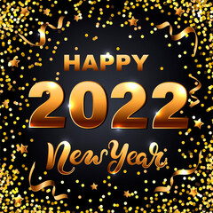 Happy New Year 2022 card with golden confetti on black background. Vector illustration.