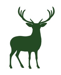 Green vector deer stag reindeer silhouette with antlers on white background.Outline stencil drawing.Merry Christmas.Winter decoration.Vinyl wall sticker decal. Cricut. Plotter Laser Cut.New Year. DIY