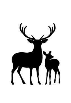 Vector black deer stag reindeer silhouette with antlers on white background.Outline stencil drawing.Merry Christmas.Winter decoration.Vinyl wall sticker decal. Cricut. Plotter Laser Cut.New Year. DIY.