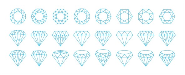 Diamond icon set. Diamond vector icons symbol design collection. Assorted diamond in blue flat outlined simple style illustration. Side and top view.