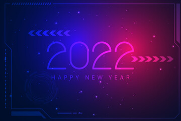 Happy New Year 2022 text design. Futuristic technology background for new year.