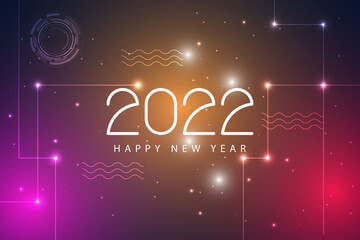 Happy New Year 2022 text design. Futuristic technology background for new year.